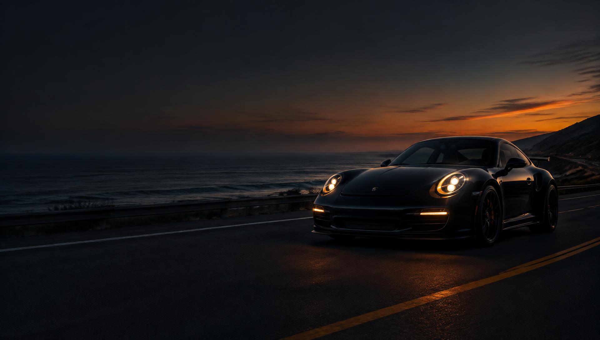 Sports car on a coastal road at dusk